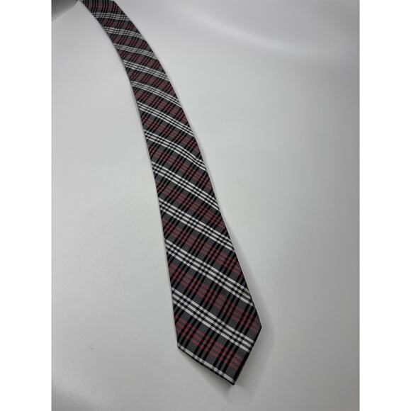 Mens Ben Sherman 100% Silk Red/White/Black Plaid Pattern Skinny Neck Tie - Picture 1 of 7